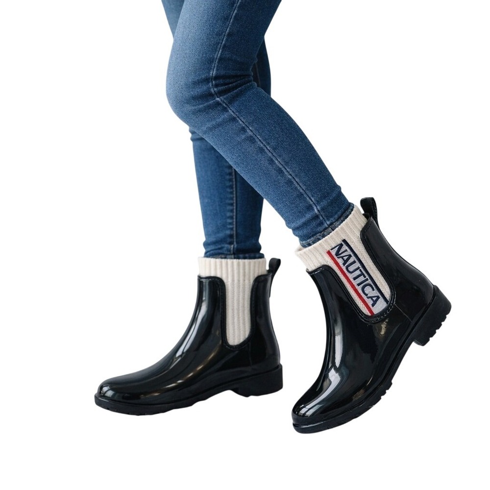 Nautica Rain Boots Women Size 9 Black Glossy Knit Sock Ankle Boots Casual